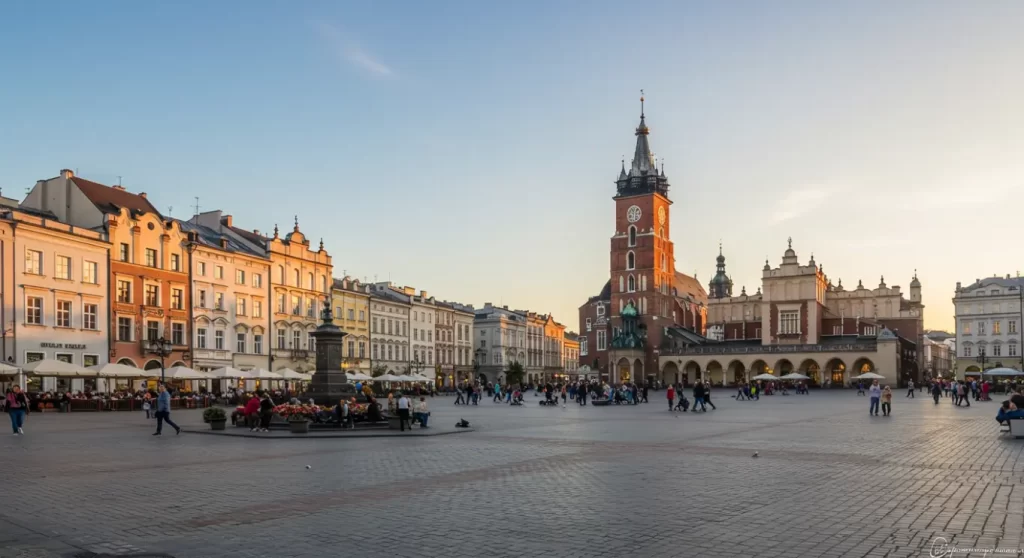 Plaza principal de Cracovia con turistas y arquitectura histórica