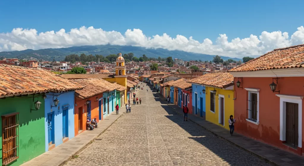 Turistas recorriendo un pueblo colonial latinoamericano con calles empedradas