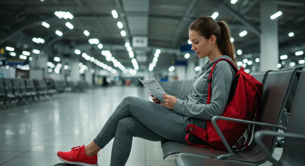Mujer hablando por teléfono en hospital del extranjero