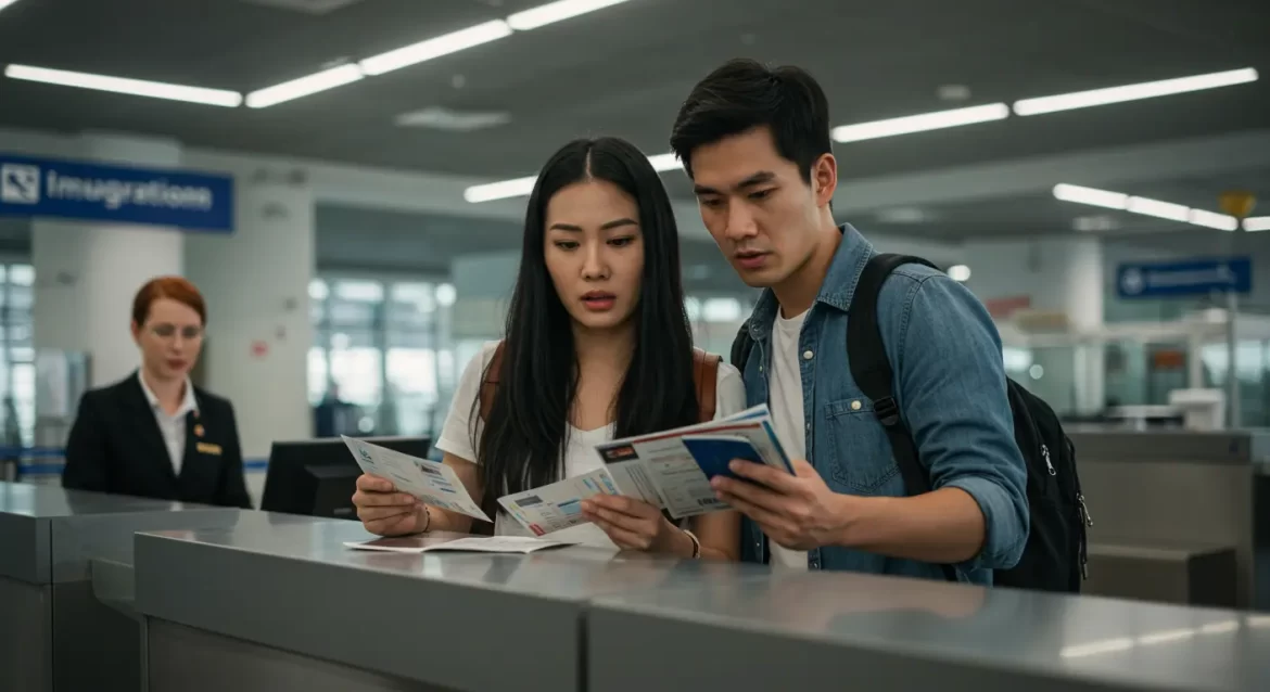 Viajeros en aeropuerto revisando mapa digital con destinos