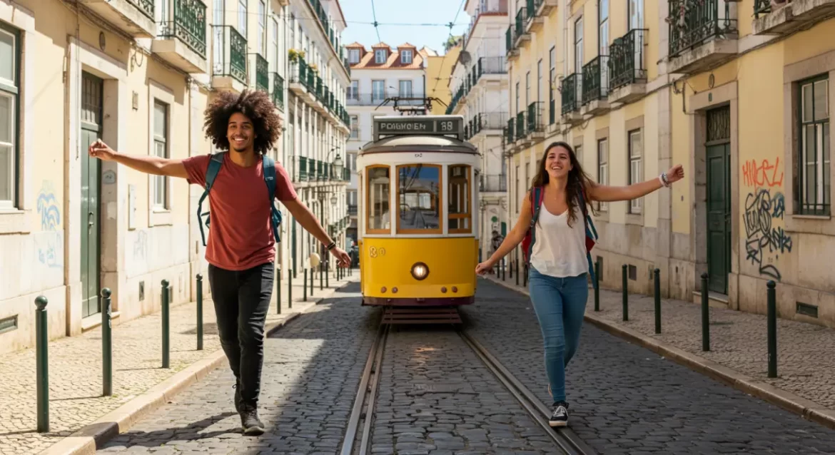 Calles coloridas de Lisboa con tranvía histórico