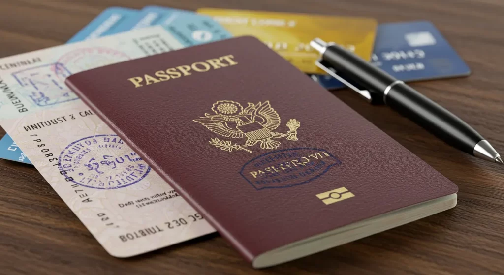 Pasaporte con sello y boletos de avión