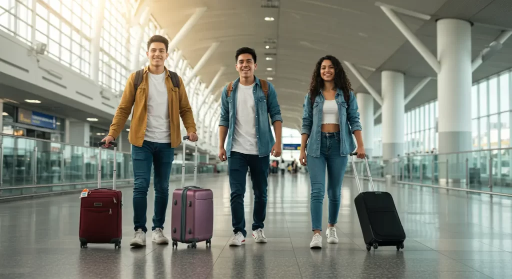 Pareja en aeropuerto con maletas felices de viajar sin visa”