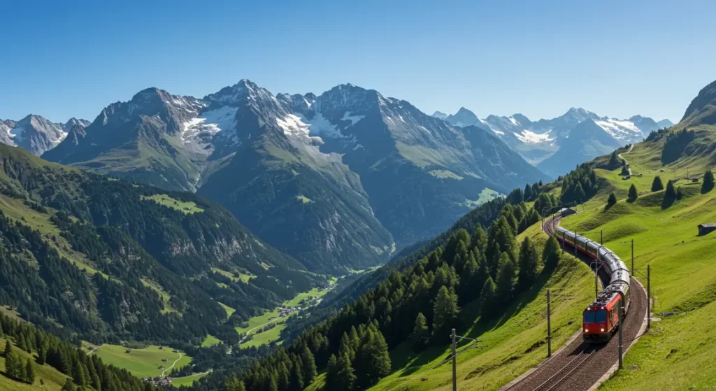 Tren europeo pasando por paisaje rural.