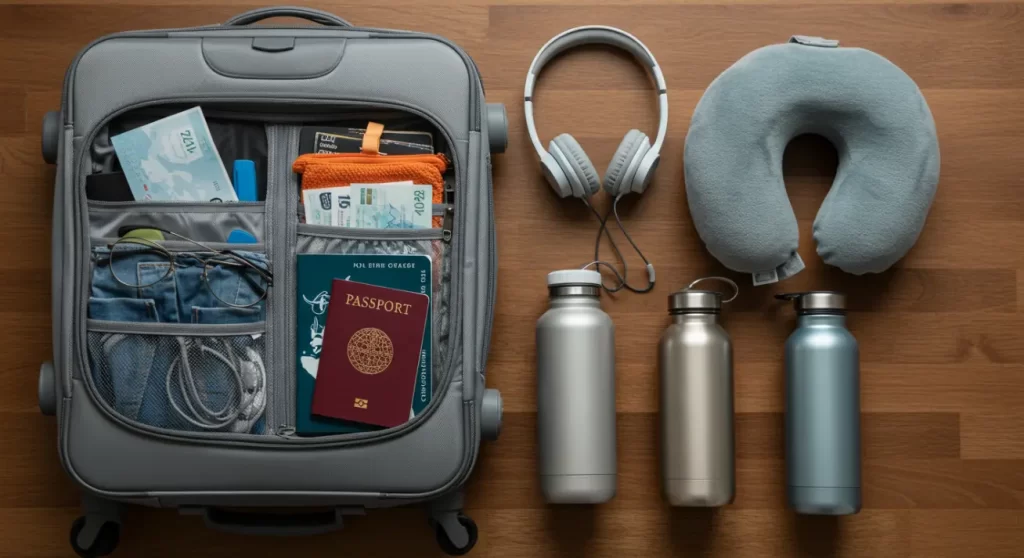 Almohada cervical y manta para vuelos largos.