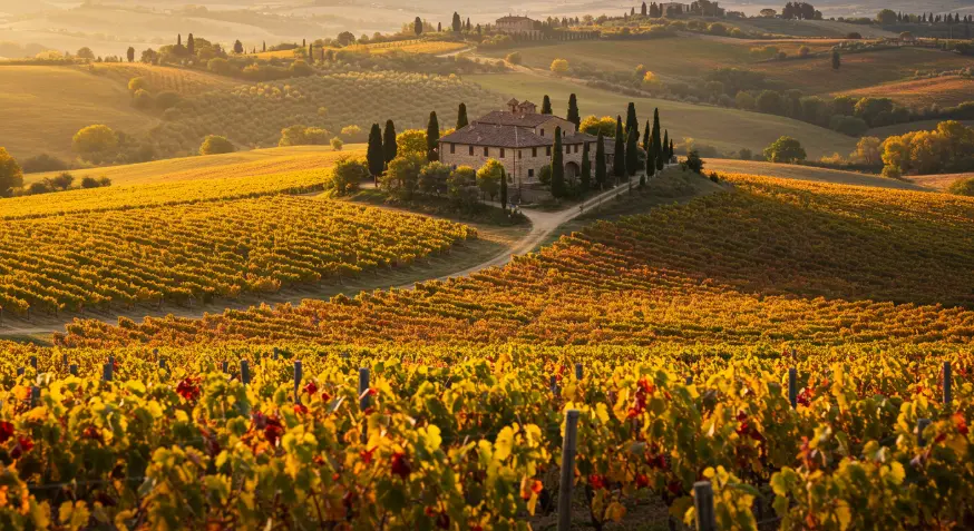 Viñedos de la Toscana en otoño con hojas en tonos cálidos y dorados.