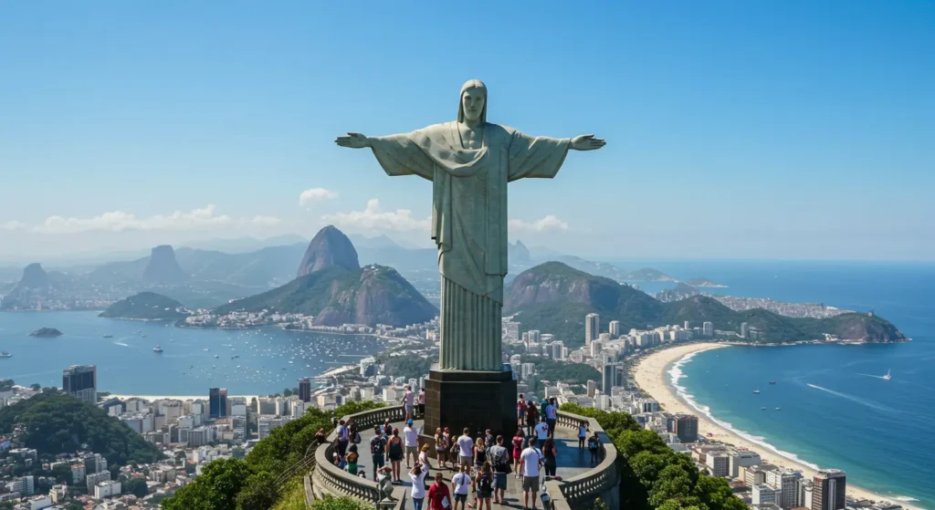 Turistas tomando fotos frente al Cristo Redentor en Río de Janeiro