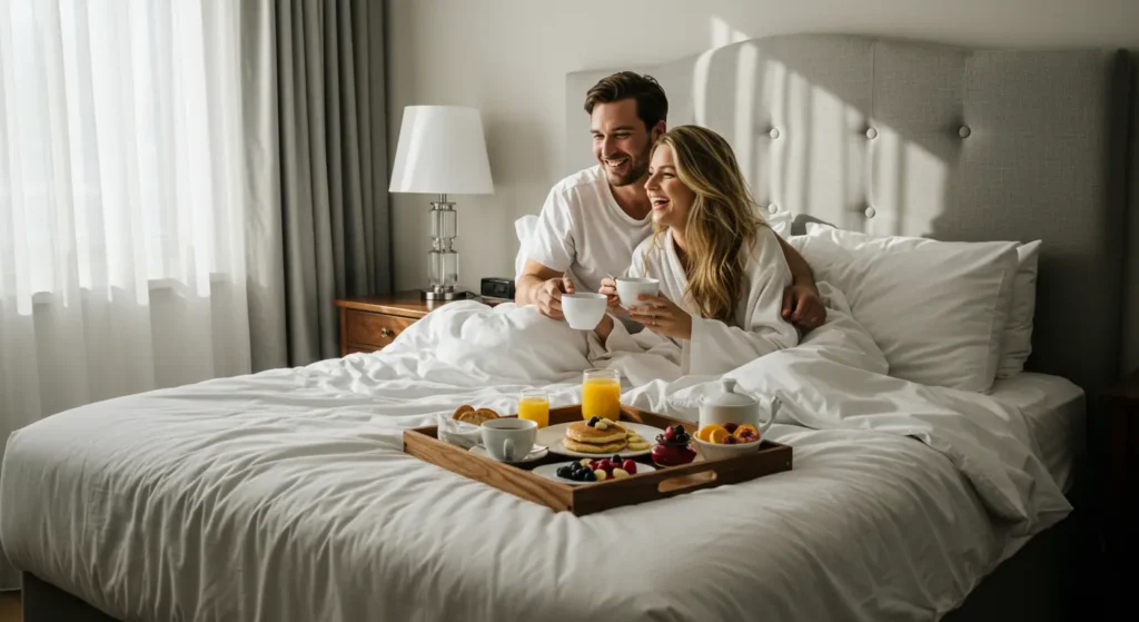 Pareja desayunando en la cama en un hotel boutique elegante.