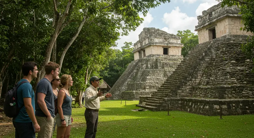 Turistas siguiendo a un guía por las ruinas mayas en Cancún