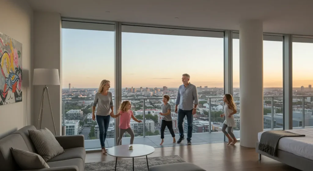 Familia disfrutando un alojamiento Airbnb moderno con vista urbana.