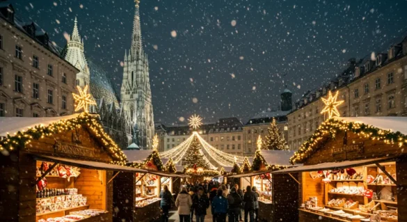 Mercado navideño en Viena iluminado con nieve cayendo de noche.