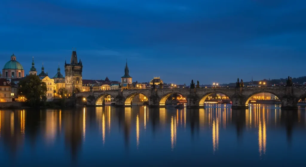 Puente de Carlos en Praga iluminado de noche
