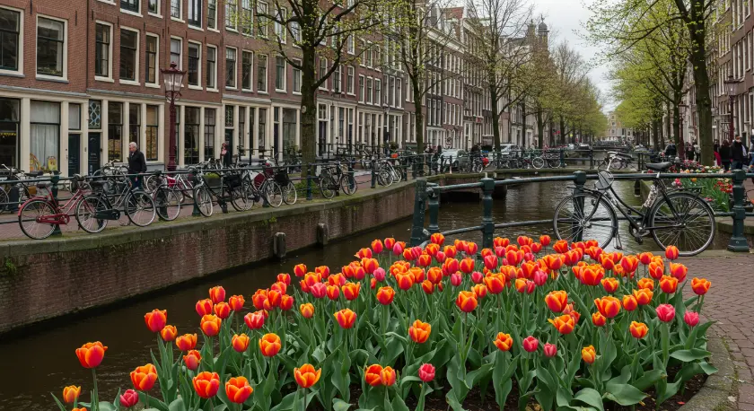 Calles de Ámsterdam adornadas con tulipanes en primavera y bicicletas típicas.