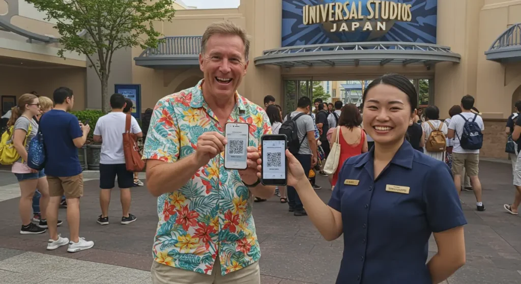Turista escaneando código QR en Singapur.