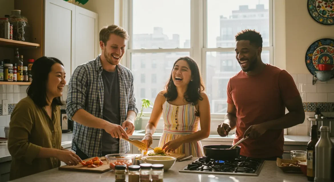 Amigos cocinando juntos en un apartamento de Airbnb.