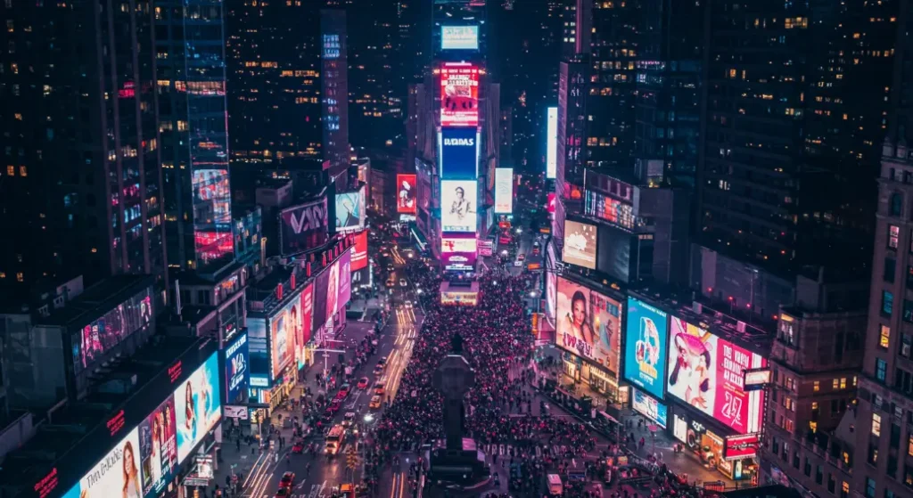 Vista aérea de Times Square iluminado de noche en Nueva York