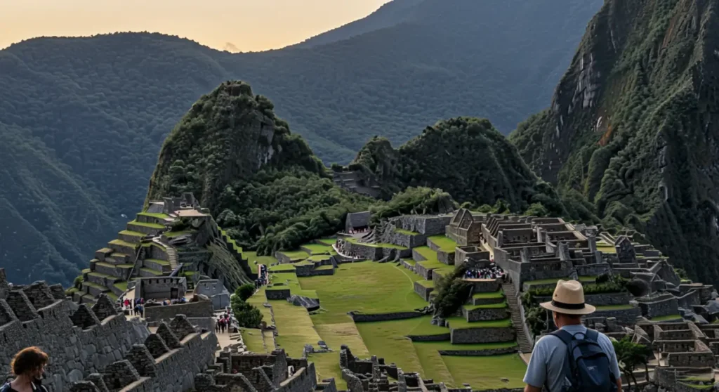 Turistas principiantes explorando Machu Picchu al amanecer con guía loca