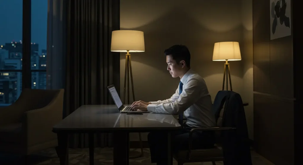 Ejecutivo trabajando con laptop en la habitación de un hotel elegante.