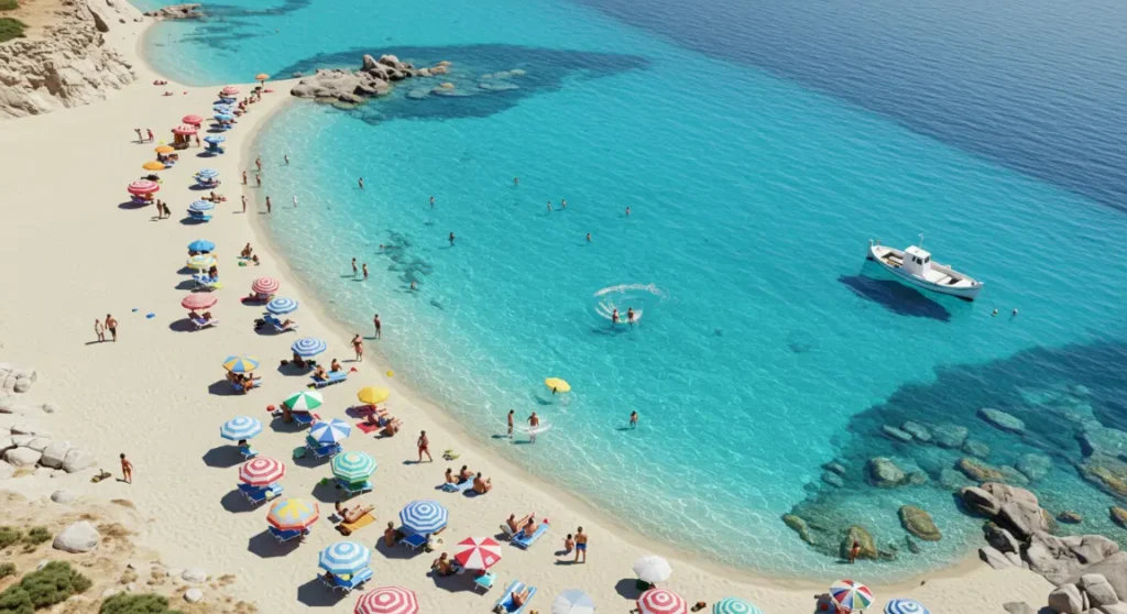 Playas de Grecia en verano con aguas cristalinas y turistas disfrutando del sol.