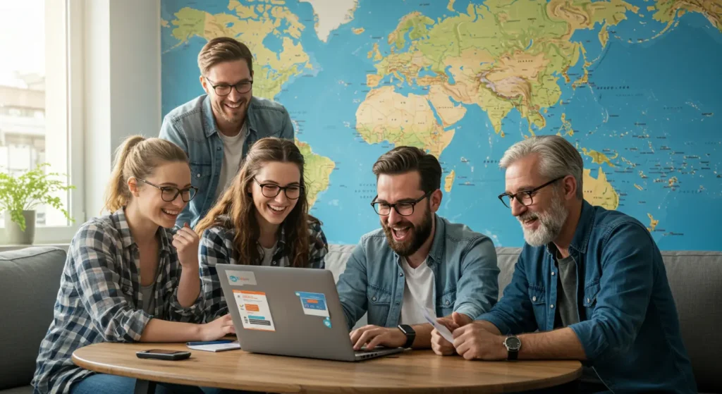 Turistas reservando tours online en el móvil