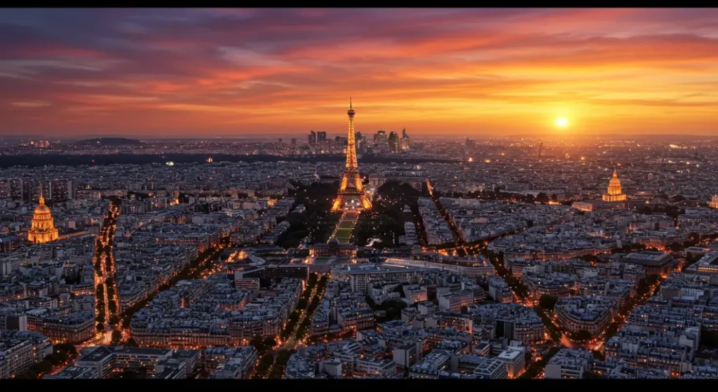 Vista de la Torre Eiffel iluminada en París
