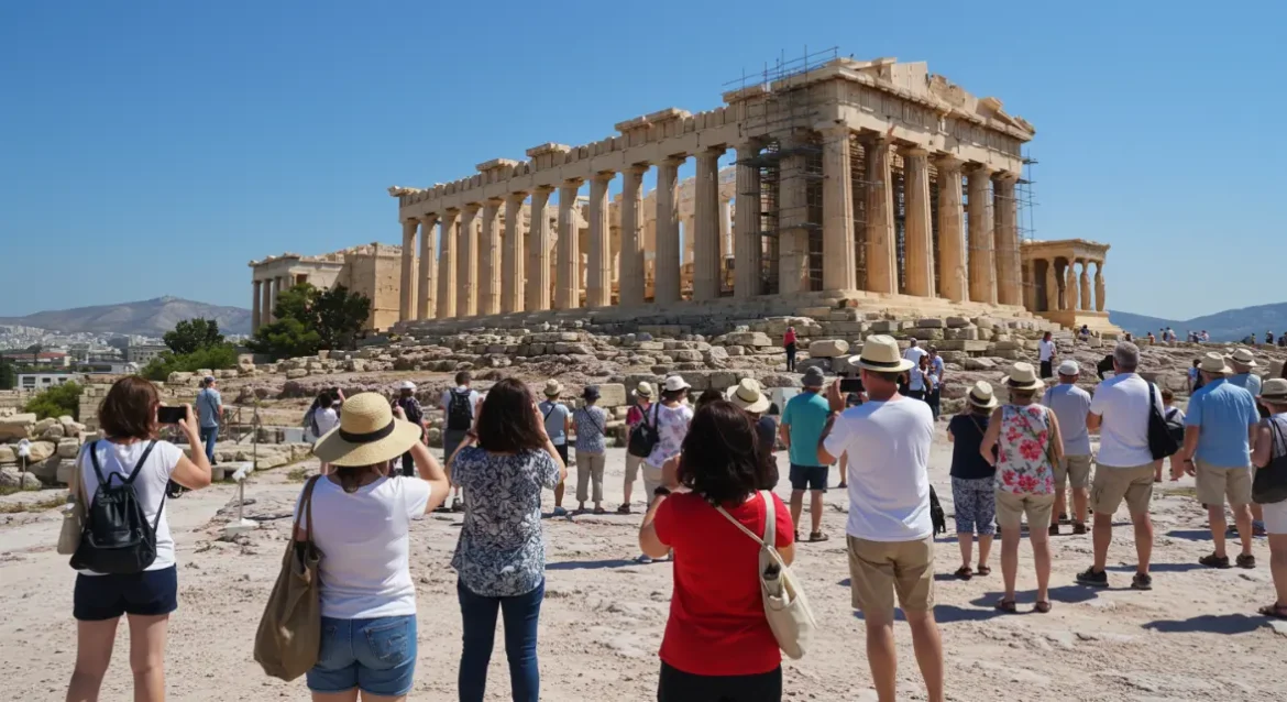 Turistas en la Acrópolis de Atenas bajo un cielo despejado