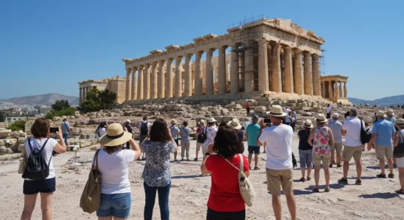 Turistas en la Acrópolis de Atenas bajo un cielo despejado